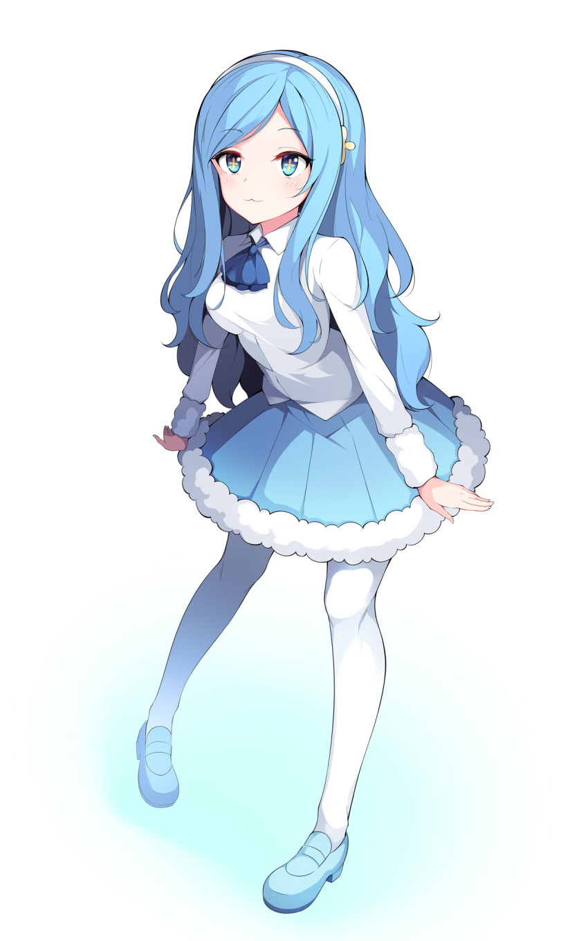 +_+ 1girl :3 blue_eyes blue_footwear blue_hair breasts full_body hairband highres himouto!_umaru-chan kagami_(galgamesion) long_hair medium_breasts open_mouth shirt skirt smile solo symbol-shaped_pupils tachibana_sylphynford thigh-highs white_legwear white_shirt