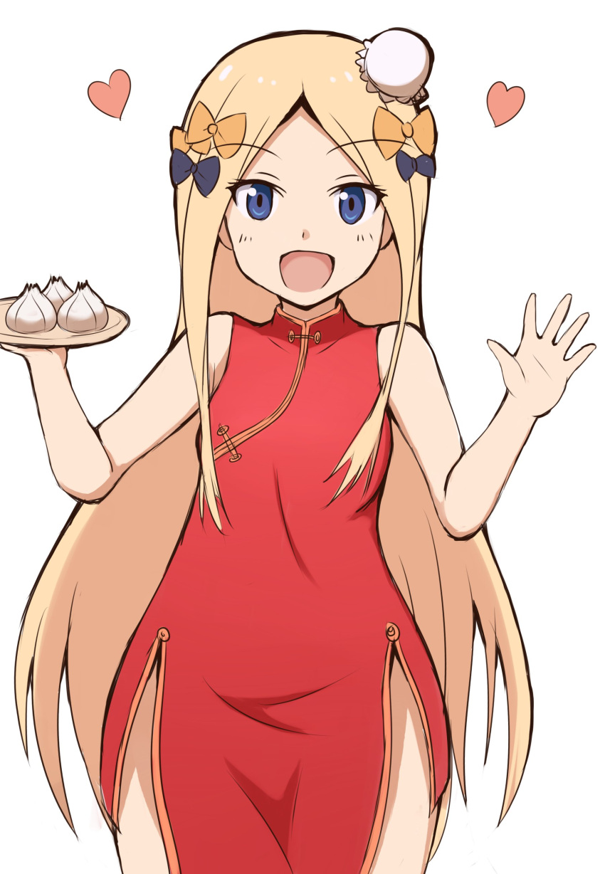 :d abigail_williams_(fate/grand_order) absurdres bangs bare_arms bare_shoulders black_bow blue_eyes blush bow breasts bun_cover china_dress chinese_clothes commentary_request cowboy_shot dress eyebrows_visible_through_hair fate/grand_order fate_(series) food forehead hair_bow hair_bun hands_up heart highres holding holding_tray long_hair looking_at_viewer mitchi open_mouth orange_bow parted_bangs pelvic_curtain red_dress side_bun simple_background sleeveless sleeveless_dress small_breasts smile tray very_long_hair white_background
