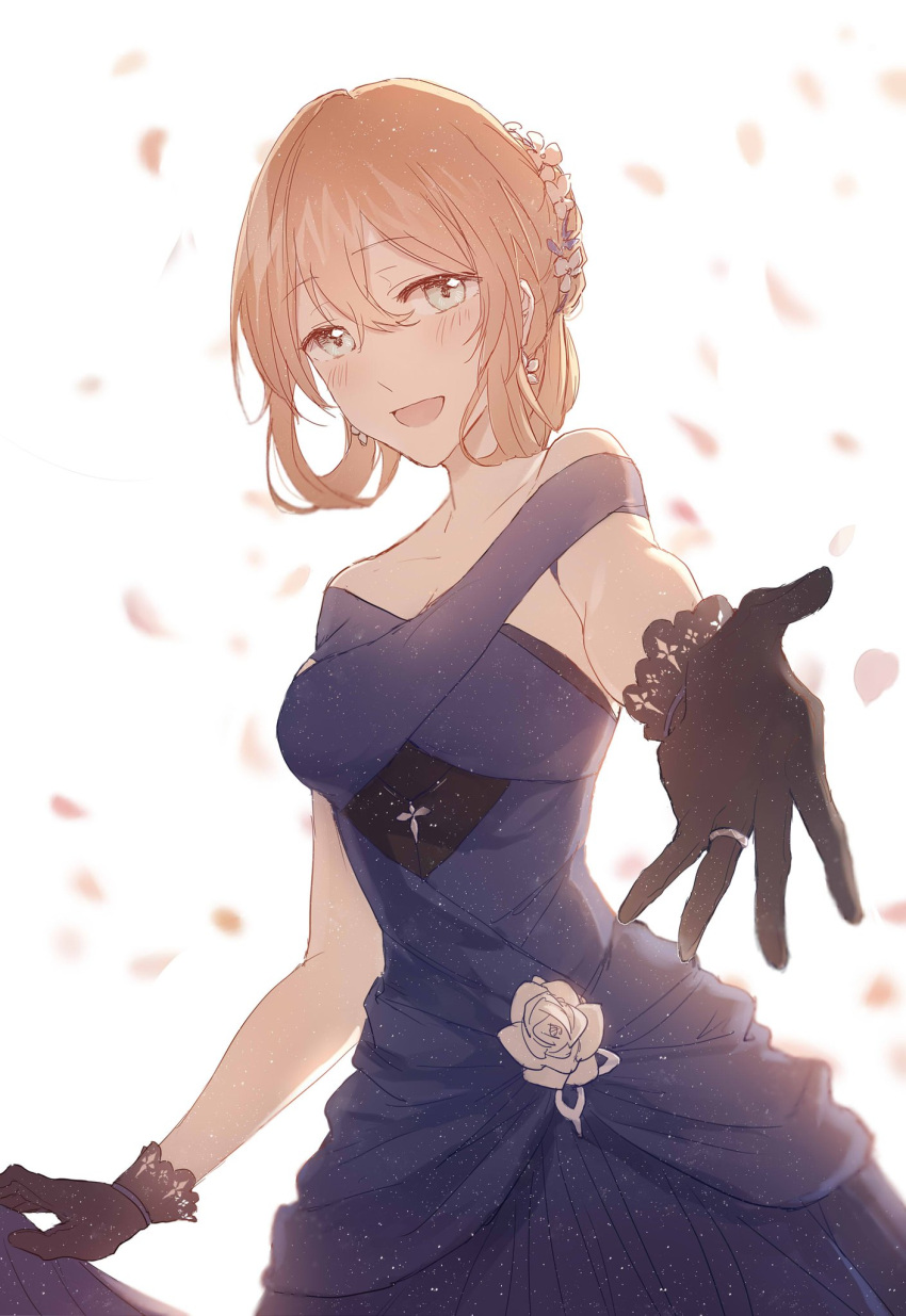 1girl alternate_costume bangs black_gloves blue_dress blurry blurry_background blush braid breasts brown_hair candyquq cleavage collarbone crown_braid dress dress_lift earrings eyebrows_visible_through_hair girls_frontline gloves green_eyes hair_between_eyes highres jewelry lace lace-trimmed_gloves large_breasts light_particles long_hair looking_at_viewer m1903_springfield_(girls_frontline) open_mouth reaching_out ring simple_background smile solo wedding_ring white_background