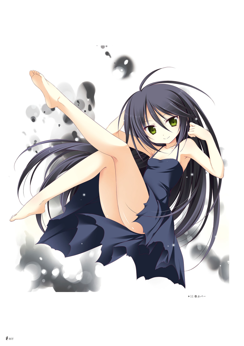 1girl ahoge arm_behind_head bangs barefoot black_dress black_hair breasts collarbone dress eyebrows_visible_through_hair floating_hair full_body green_eyes hair_between_eyes halterneck highres juuoumujin_no_fafnir korie_riko long_hair looking_at_viewer page_number shiny shiny_hair shiny_skin simple_background sleeveless sleeveless_dress small_breasts smile solo torn_clothes torn_dress very_long_hair white_background