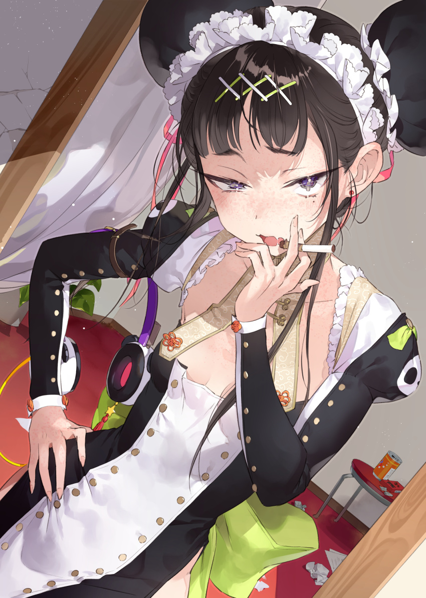 1girl back_bow bangs black_hair bow breasts chocolate_cigarette cigarette cleavage cowboy_shot double_bun dress freckles frilled_dress frilled_hairband frills hair_bun hair_ornament hand_on_hip headphones highres holding holding_cigarette indoors long_sleeves looking_at_viewer maid mole mole_under_eye open_mouth original ribbon sanpaku short_hair side_slit small_breasts solo standing tonito tsurime violet_eyes