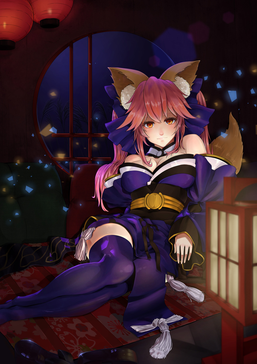 absurdres amanesan animal_ears blue_legwear blue_ribbon breasts cleavage collarbone detached_sleeves fate/extella fate/extra fate/grand_order fate_(series) fox_ears fox_tail hair_ribbon highres indoors japanese_clothes large_breasts looking_at_viewer night pink_hair ribbon sitting tail tamamo_(fate)_(all) tamamo_no_mae_(fate) yellow_eyes
