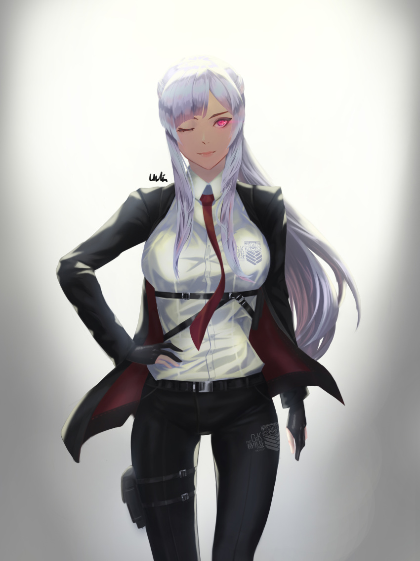 1girl absurdres ak-12_(girls_frontline) alternate_costume arm_at_side bangs belt black_pants black_suit braid breasts clothes_writing collared_shirt commentary_request cowboy_shot formal french_braid girls_frontline gloves gradient gradient_background half-closed_eye hand_on_hip highres long_hair necktie one_eye_closed pants partly_fingerless_gloves red_neckwear shirt sidelocks signature silver_hair simple_background smile strap suit thigh_strap un_lim violet_eyes