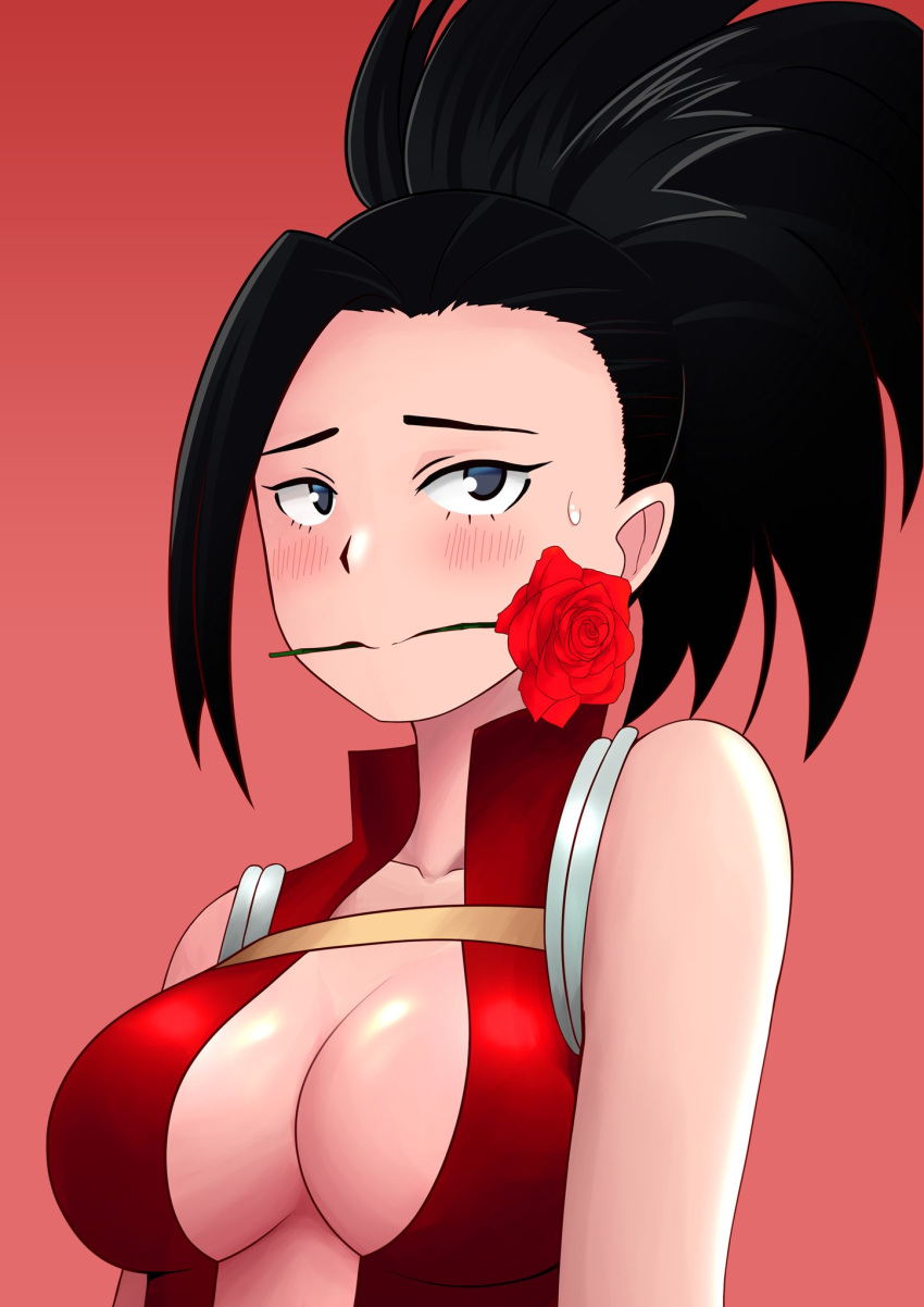 1girl black_hair blush boku_no_hero_academia breasts center_opening flower flower_in_mouth forehead highres large_breasts looking_at_viewer rose solo sweatdrop the_only_shoe yaoyorozu_momo