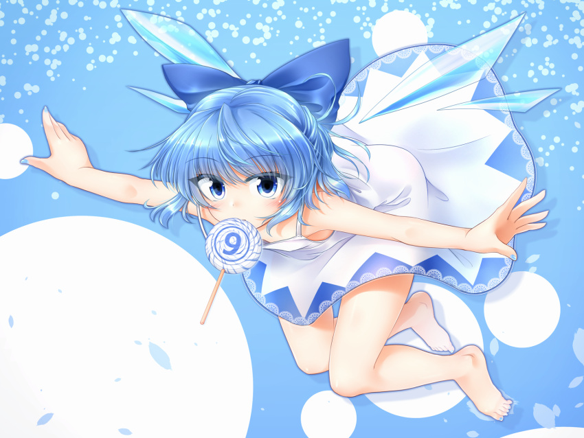 (9) 1girl alternate_costume bangs bare_arms bare_legs bare_shoulders barefoot blue_bow blue_eyes blue_hair bow candy cirno downblouse dress eyebrows_visible_through_hair eyes_visible_through_hair feet_up floating food full_body hair_bow highres ice ice_wings leaning_forward lollipop looking_at_viewer m9kndi mouth_hold nail_polish outstretched_arms short_hair sleeveless sleeveless_dress solo spread_arms toes touhou wings