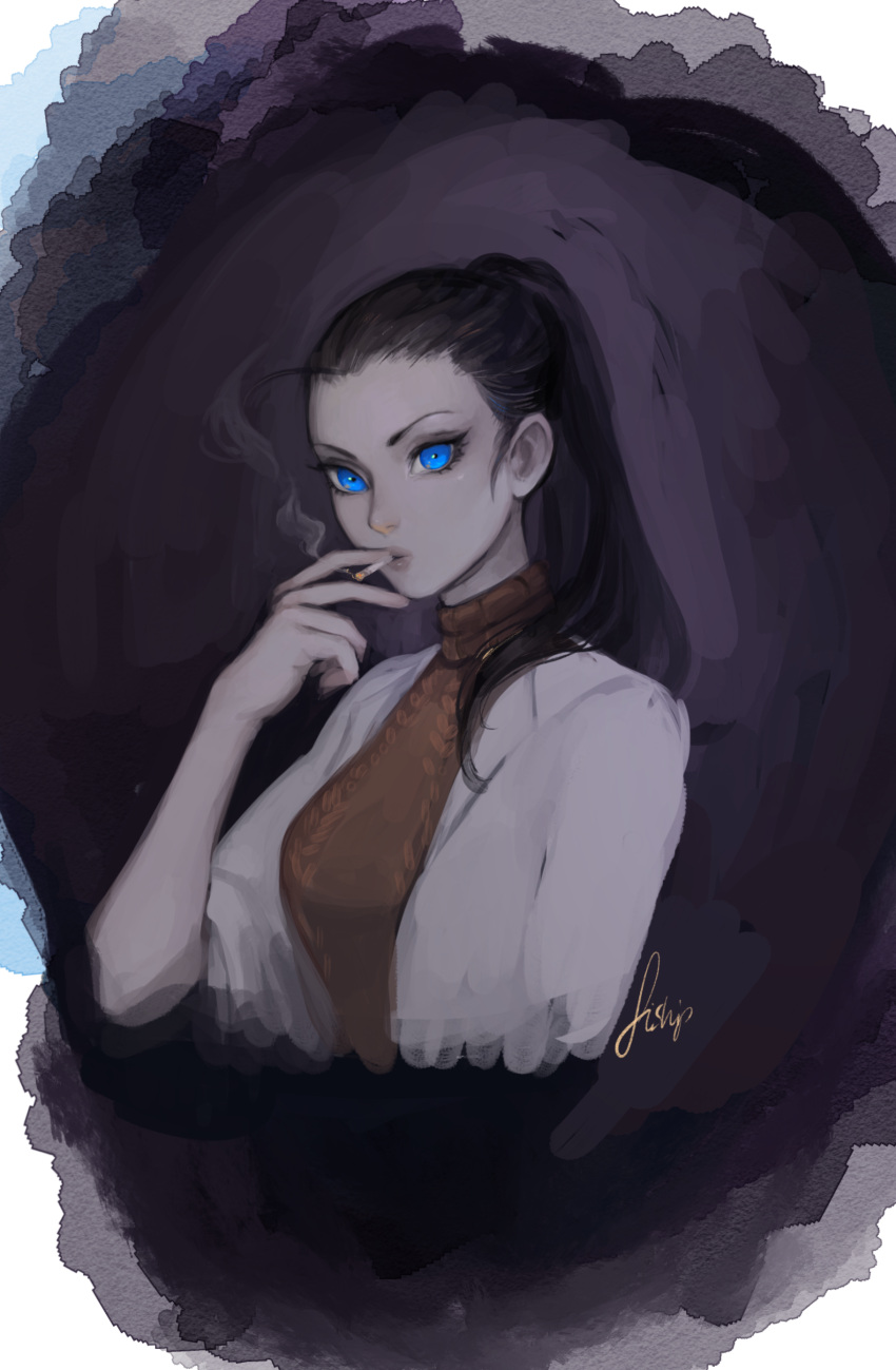 1girl absurdres black_hair blue_eyes brown_sweater cigarette copyright_request hand_up highres holding looking_at_viewer matilda_vin ponytail ribbed_sweater signature smoke smoking solo sweater upper_body