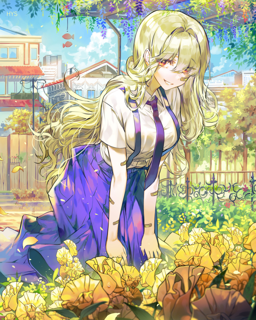 1girl absurdres bandage black_neckwear blonde_hair blue_skirt blush breasts eyebrows_visible_through_hair hayanse highres kneeling large_breasts long_hair looking_at_viewer necktie original outdoors parted_lips red_eyes skirt smile solo suspenders very_long_hair