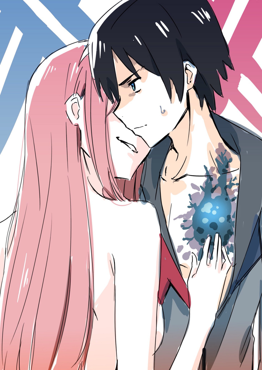 1boy 1girl black_hair blue_eyes breast_grab breasts chest_scar commentary_request couple darling_in_the_franxx grabbing hand_on_another's_chest hetero highres hiro_(darling_in_the_franxx) long_hair military military_uniform nude open_clothes pink_hair pink_x scar short_hair sweatdrop uniform zero_two_(darling_in_the_franxx)