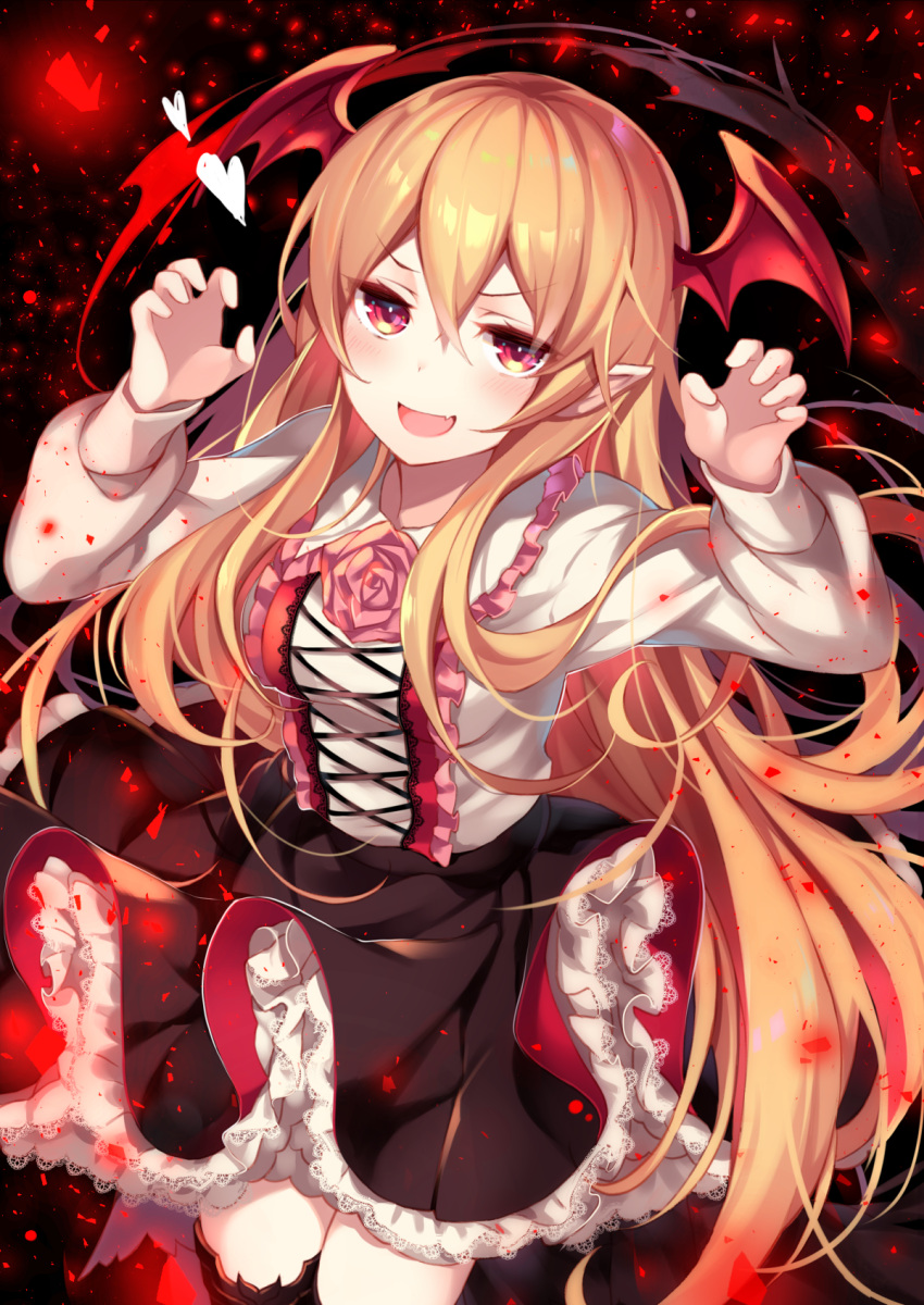 1girl :d bat_wings black_skirt blush claw_pose collared_shirt commentary_request cowboy_shot fang flower flower_ornament granblue_fantasy hair_between_eyes hands_up head_wings highres homaderi long_hair looking_at_viewer open_mouth red_eyes rose shingeki_no_bahamut shirt skirt smile solo vampy very_long_hair white_shirt wings
