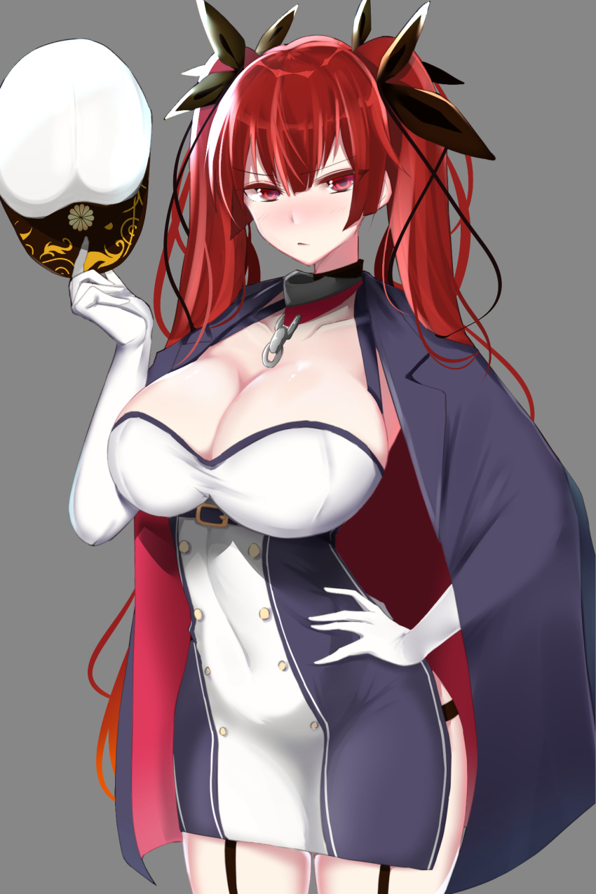 1girl azur_lane bangs blush breasts buttons chains cleavage elbow_gloves garter_straps gloves grey_background hair_ribbon hand_on_hip hat hat_removed headwear_removed highres holding holding_hat honolulu_(azur_lane) large_breasts long_hair looking_at_viewer oputon peaked_cap red_eyes redhead ribbon solo twintails white_gloves