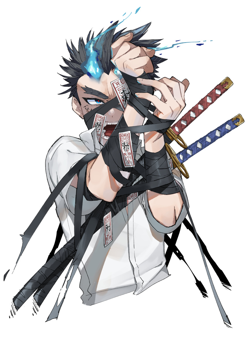 1boy absurdres blue_eyes blue_fire buku2_suisou fangs fangs_out fiery_hair fire forked_eyebrows highres looking_at_viewer male_focus multiple_swords one_eye_covered open_mouth red_pupils scar scar_on_cheek scar_on_face shirt short_hair sideburns solo talisman thick_eyebrows toji_(housamo) tokyo_afterschool_summoners upper_body white_shirt