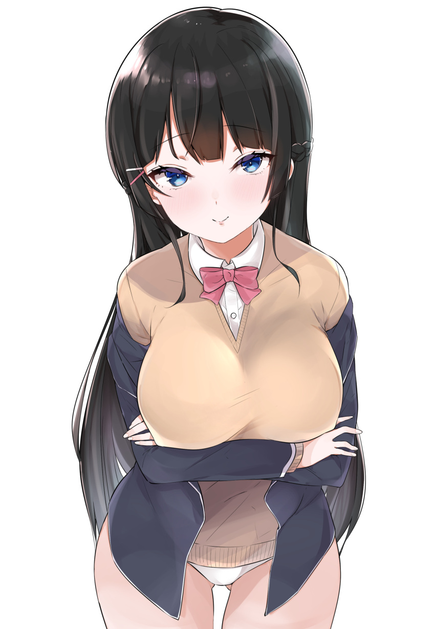 1girl absurdres black_hair black_jacket blue_eyes blush bow bowtie breasts closed_mouth collared_shirt eyebrows_visible_through_hair from_above gluteal_fold hair_ornament hairclip highres jacket large_breasts long_hair long_sleeves looking_at_viewer looking_up mitsudoue nijisanji off_shoulder panties pink_neckwear school_uniform shirt simple_background smile solo tsukino_mito underwear wall white_background white_panties white_shirt wing_collar