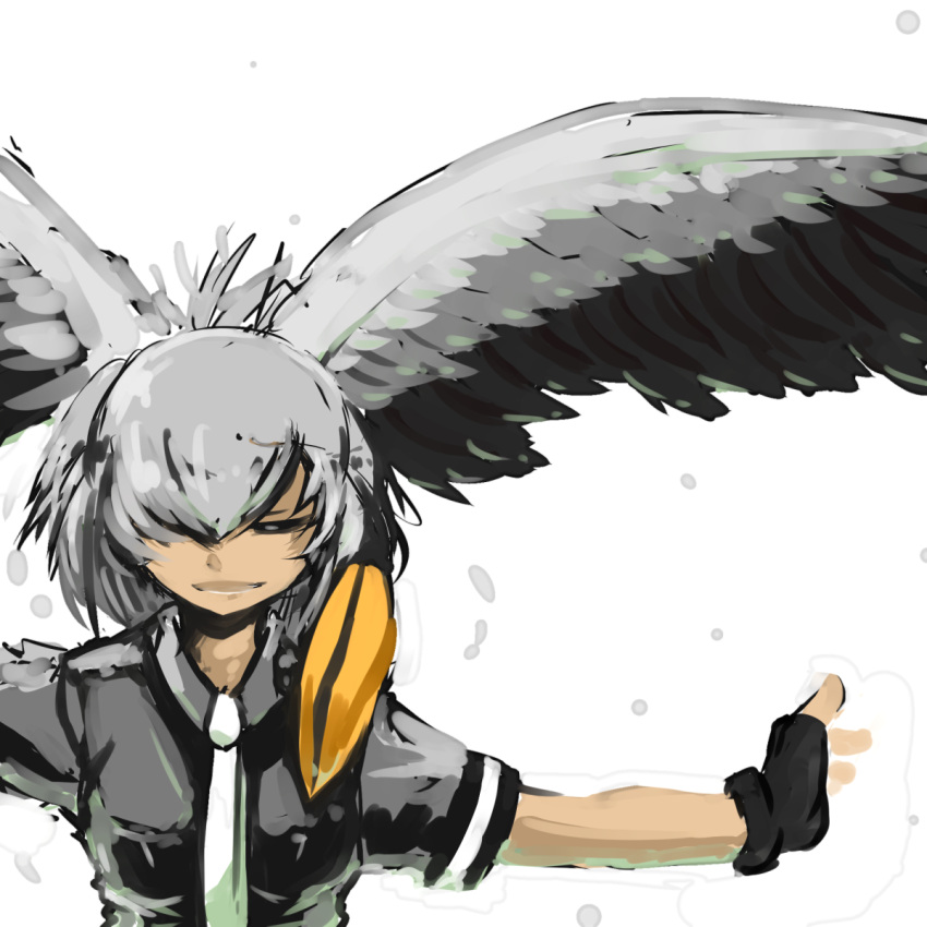 1girl 370ml bangs bare_arms bird_wings black_gloves black_hair breast_pocket closed_eyes collared_shirt facing_viewer fingerless_gloves gloves grey_hair grey_shirt hair_over_one_eye hand_up head_wings highres kemono_friends long_hair low_ponytail multicolored_hair necktie open_mouth orange_hair outstretched_arm outstretched_wings parted_bangs pocket shirt shoebill_(kemono_friends) short_sleeves side_ponytail simple_background sketch smile solo upper_body white_background white_neckwear wings