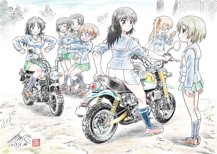 6+girls arm_support artist_name bangs black_hair black_legwear black_ribbon blue_coat brown_footwear brown_hair cellphone check_commentary closed_eyes commentary_request dated day double-breasted emblem eyebrows_visible_through_hair fence finger_to_mouth flexing freckles frown girls_und_panzer grass green_skirt grimace grin ground_vehicle hair_ribbon hand_on_own_stomach helmet highres holding holding_cellphone holding_phone honda honda_monkey kubota_shinji laughing loafers long_sleeves making_faces maruyama_saki miniskirt motor_vehicle motorcycle multiple_girls murakami_(girls_und_panzer) ooarai_naval_school_uniform ooarai_school_uniform oono_aya opaque_glasses outdoors parted_bangs phone pleated_skirt pointing pose print_legwear ribbon riding round_eyewear sailor_collar sakaguchi_karina sawa_azusa school_uniform shark shoes shushing signature sitting skirt sky sleeves_rolled_up smartphone smile socks sweatdrop tearing_up tree twintails utsugi_yuuki v-shaped_eyebrows vehicle_request watermark white_skirt winter_uniform yamagou_ayumi