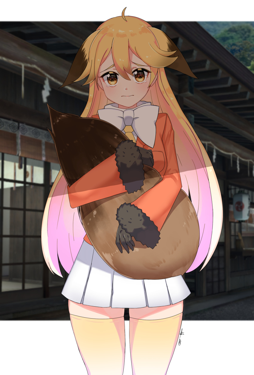 1girl absurdres alternate_legwear animal_ears bow bowtie coat commentary_request ears_down ezo_red_fox_(kemono_friends) fox_ears fox_tail fur_trim gloves gradient_hair highres holding_tail kemono_friends long_hair long_sleeves multicolored_hair necktie orange_eyes orange_hair pleated_skirt shadow skirt solo tail tearing_up thigh-highs wavy_mouth white_hair wkdbzpdl zettai_ryouiki