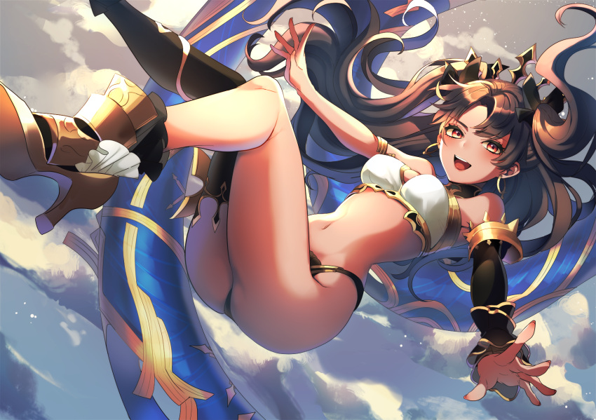 1girl :d anklet armlet asymmetrical_legwear asymmetrical_sleeves bangs bare_shoulders black_hair black_ribbon blush breasts bridal_gauntlets clouds crown detached_collar earrings elbow_gloves falling fate/grand_order fate_(series) gloves hair_ribbon highres hoop_earrings ishtar_(fate/grand_order) jewelry medium_breasts navel neck_ring neko-san_(dim.dream) open_mouth parted_bangs red_eyes ribbon single_elbow_glove single_thighhigh sky smile stomach thigh-highs tiara two_side_up