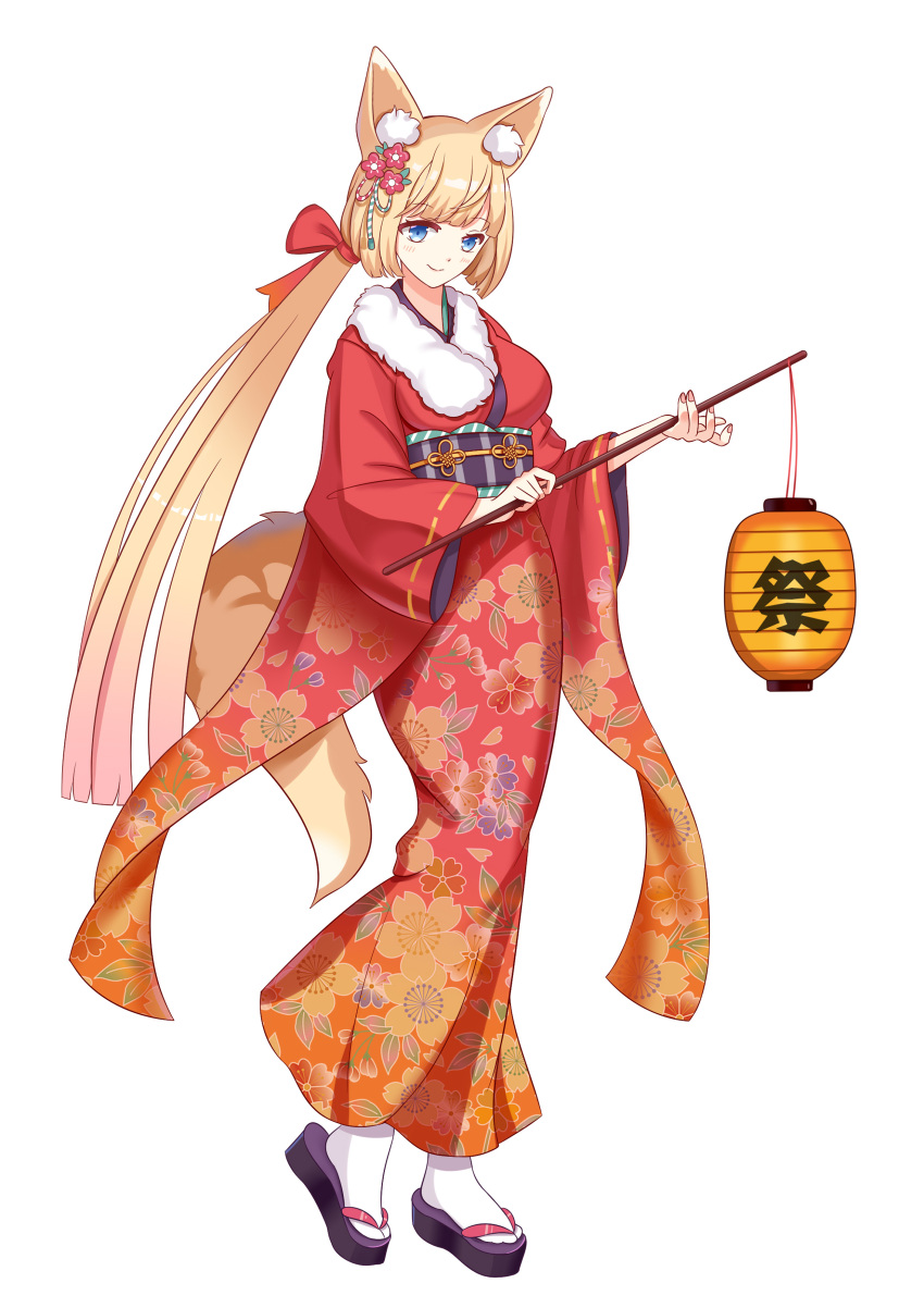 1girl absurdres animal_ears bangs black_footwear blonde_hair blue_eyes blush bow breasts closed_mouth eyebrows_visible_through_hair fingernails floral_print flower fox_ears fox_girl fox_tail full_body fur-trimmed_kimono fur_trim gradient gradient_kimono hair_bow hair_flower hair_ornament highres holding japanese_clothes jiucheng_nainai kimono lantern long_hair long_sleeves low_ponytail medium_breasts nail_polish obi orange_kimono original paper_lantern pink_nails platform_footwear ponytail print_kimono red_bow red_flower red_kimono ribbon-trimmed_sleeves ribbon_trim sash simple_background socks solo tabi tail very_long_hair white_background white_legwear wide_sleeves zouri