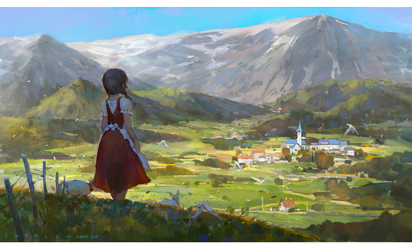1girl apron artist_name bird black_hair blue_sky building castle child commentary day dress fence from_behind goat grass hill krenz landscape mountain original outdoors red_dress scenery short_hair short_sleeves sky solo standing steeple village waist_apron white_apron