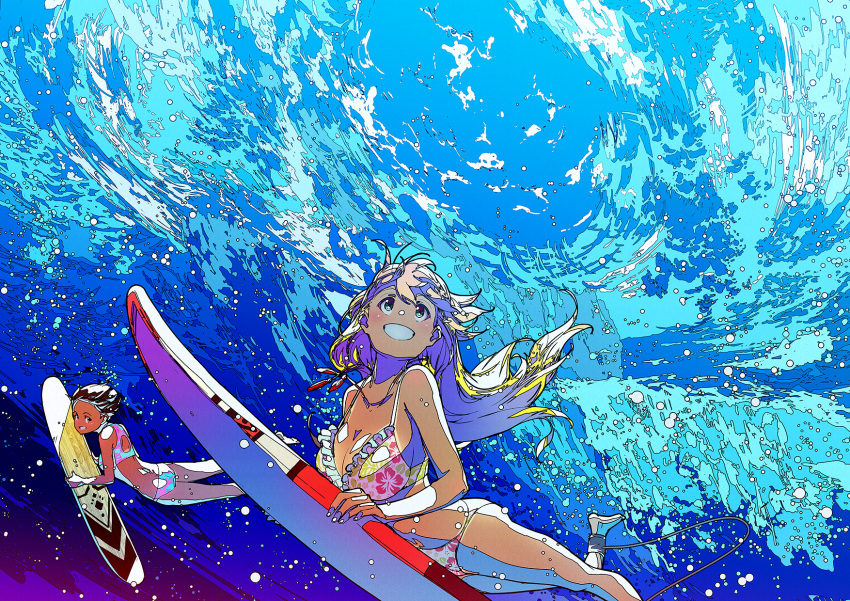 2girls :d apapico aqua_eyes ass collarbone dimples_of_venus frilled_swimsuit frills highres long_hair looking_back looking_up multiple_girls open_mouth short_hair smile surfboard swimsuit tan underwater