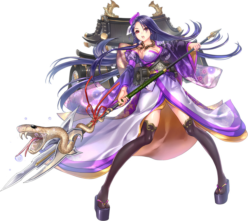 1girl artist_request asymmetrical_clothes black_legwear breasts cleavage detached_sleeves full_body geta hair_over_one_eye holding holding_spear holding_weapon kinkazan_(oshiro_project) large_breasts long_hair official_art open_mouth oshiro_project oshiro_project_re polearm purple_hair red_eyes snake solo spear thigh-highs transparent_background very_long_hair weapon