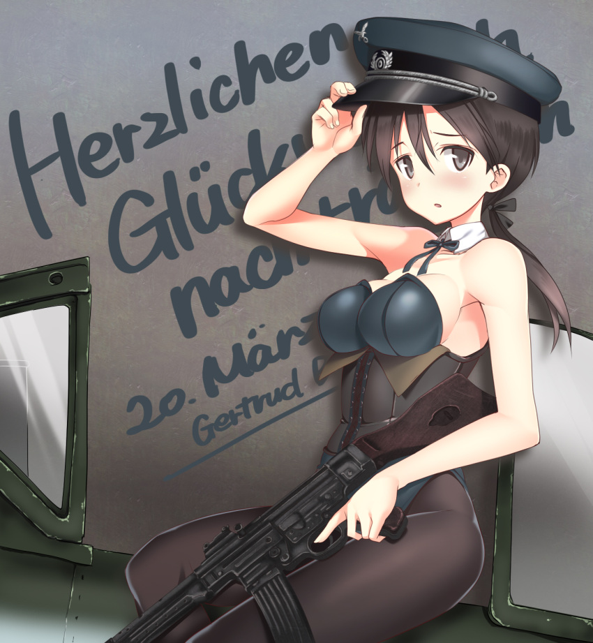 1girl a9b_(louis814) assault_rifle bare_shoulders blush breasts brown_hair bunnysuit corset german gertrud_barkhorn grey_eyes gun hair_ribbon hat highres long_hair looking_at_viewer low_ponytail pantyhose ponytail ribbon rifle sideboob solo stg44 strike_witches translation_request weapon world_witches_series