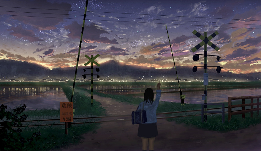 1girl bag book bookbag brown_hair city_lights clouds cloudy_sky commentary evening highres kojomi_(7j543) long_hair mountain original railroad_crossing railroad_signal rice_paddy scenery shirt skirt sky solo star sunset water white_shirt