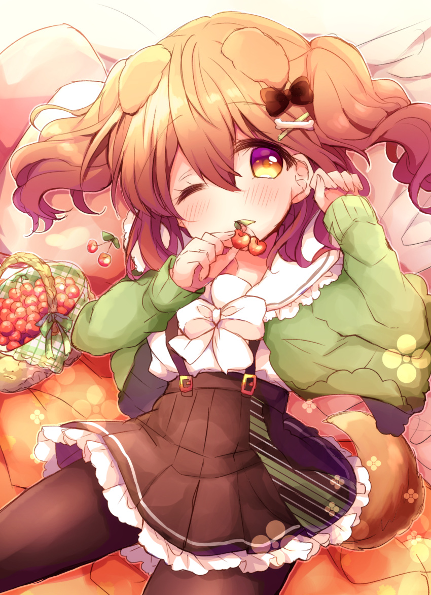 1girl animal_ears arm_up bangs basket black_bow black_legwear blush bone_hair_ornament bow brown_hair brown_skirt cherry commentary_request dog_ears dog_girl dog_tail eyebrows_visible_through_hair fingernails food fruit green_jacket hair_between_eyes hair_bow hair_ornament hand_up haru_ichigo highres holding holding_food jacket long_hair long_sleeves looking_at_viewer original pantyhose parted_lips pillow pleated_skirt shirt skirt sleeves_past_wrists solo suspender_skirt suspenders tail tongue tongue_out two_side_up violet_eyes white_bow white_shirt x_hair_ornament