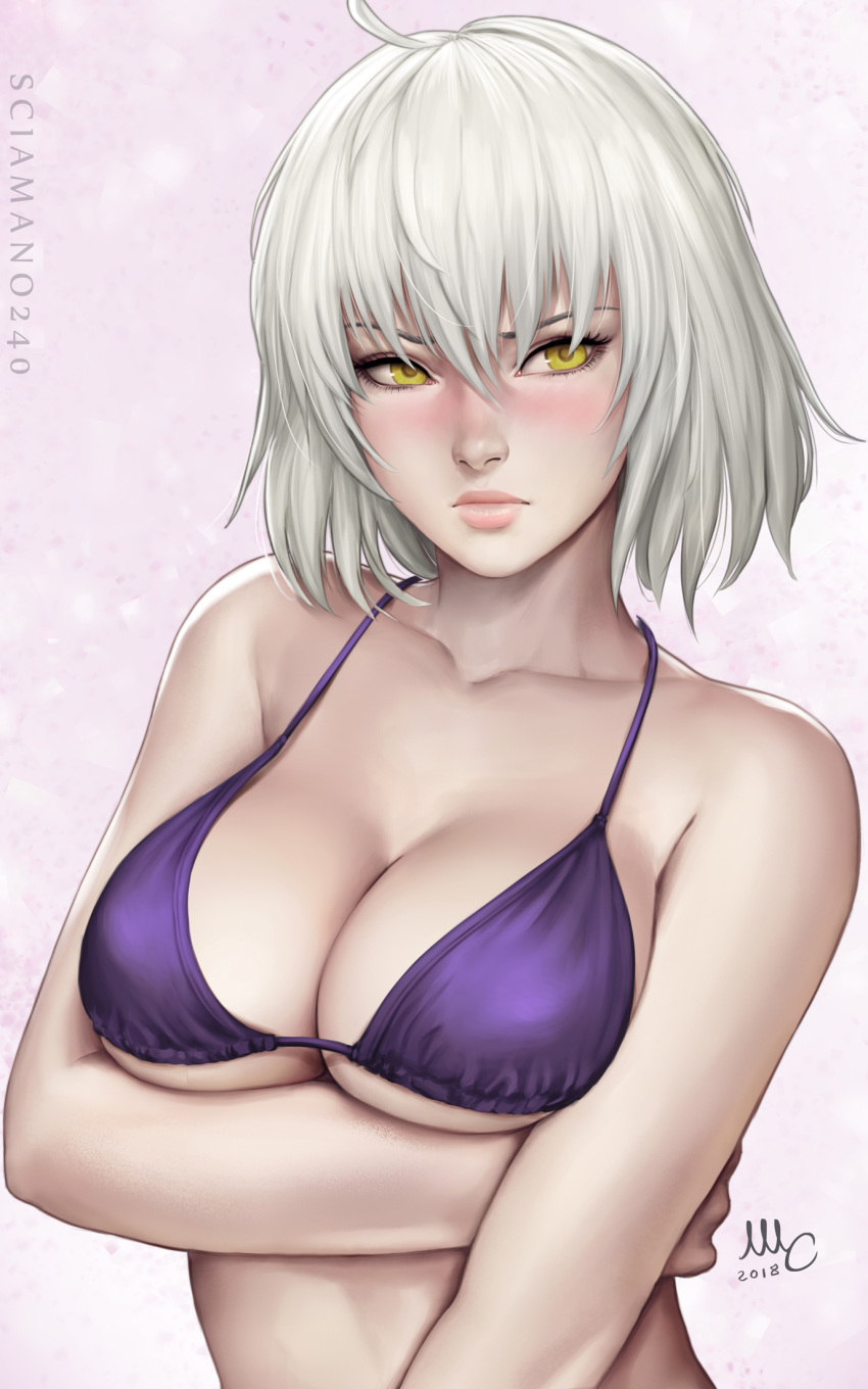 1girl antenna_hair artist_name bangs bare_shoulders bikini_top blush breast_hold breasts cleavage closed_mouth collarbone dated fate/apocrypha fate/grand_order fate_(series) hair_between_eyes highres jeanne_d'arc_(alter)_(fate) jeanne_d'arc_(fate)_(all) jewelry large_breasts lips looking_at_viewer purple_bikini_top sciamano240 short_hair silver_hair solo yellow_eyes