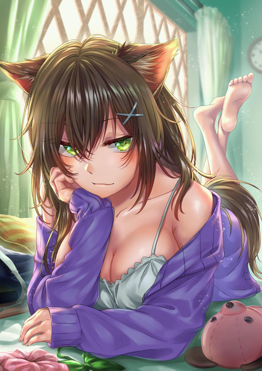1girl absurdres animal_ears bangs barefoot bed_sheet blush breasts brown_hair cat_ears chin_rest cleavage commentary_request green_eyes hair_between_eyes hair_ornament hand_on_own_cheek highres indoors large_breasts long_hair looking_at_viewer lying off_shoulder on_back original routo_(rot_0) scrunchie solo x_hair_ornament