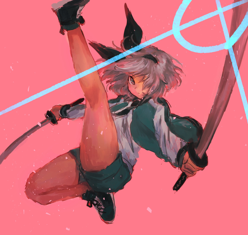 1girl alternate_costume bare_legs black_bow bow closed_mouth commentary_request dual_wielding green_shorts grey_eyes grey_hair hair_bow hair_over_one_eye hair_ribbon highres holding holding_sword holding_weapon jacket katana kicking konpaku_youmu long_sleeves looking_at_viewer masanaga_(tsukasa) pink_background ribbon shirt shoes short_hair shorts sketch sneakers solo sword touhou track_jacket weapon