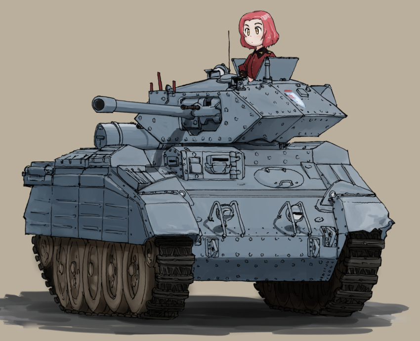 1girl brown_background brown_eyes closed_mouth commentary crusader_(tank) emblem girls_und_panzer ground_vehicle jacket looking_to_the_side military military_uniform military_vehicle motor_vehicle nogitatsu red_jacket redhead rosehip shadow short_hair simple_background solo st._gloriana's_(emblem) st._gloriana's_school_uniform tank tank_focus uniform