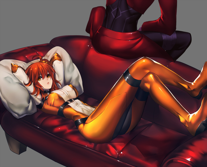 1boy 1girl archer arms_behind_head black_bodysuit bodysuit boots breasts brown_hair chaldea_combat_uniform couch fate/grand_order fate_(series) fujimaru_ritsuka_(female) grey_background highres large_breasts looking_at_viewer lying on_back orange_footwear pillow rahato reclining short_hair side_ponytail simple_background sitting yellow_eyes