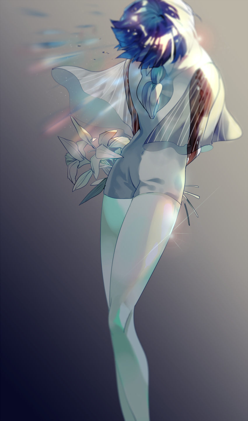 1other androgynous arms_behind_back bangs blue_hair blunt_bangs blurry flower golden_arms head_down highres houseki_no_kuni lily_(flower) natsukaze_(mizuh20) necktie phosphophyllite phosphophyllite_(ll) see-through short_hair solo sparkle spoilers