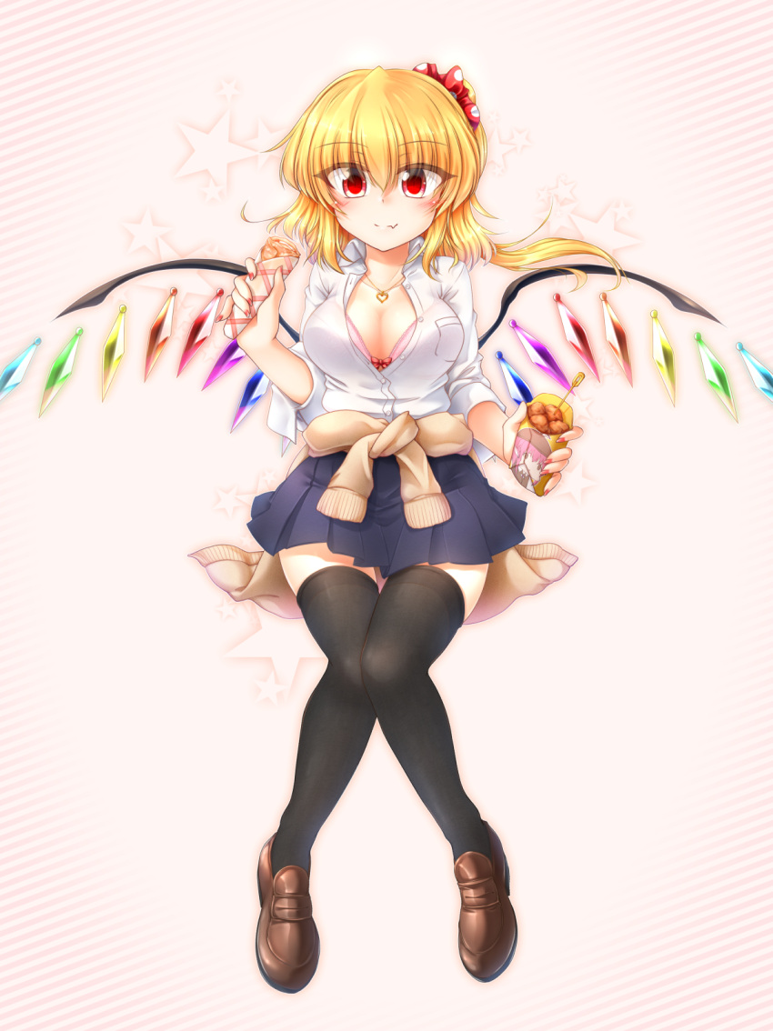 1girl alternate_costume black_legwear blonde_hair blush breasts cleavage clothes_around_waist commentary_request crepe crystal eyebrows_visible_through_hair flandre_scarlet food fruit hair_ornament hair_scrunchie highres holding holding_food jewelry large_breasts looking_at_viewer m9kndi miniskirt necklace red_eyes school_uniform scrunchie shirt skirt sleeves_rolled_up smile sweater_around_waist thigh-highs touhou uniform white_shirt wings