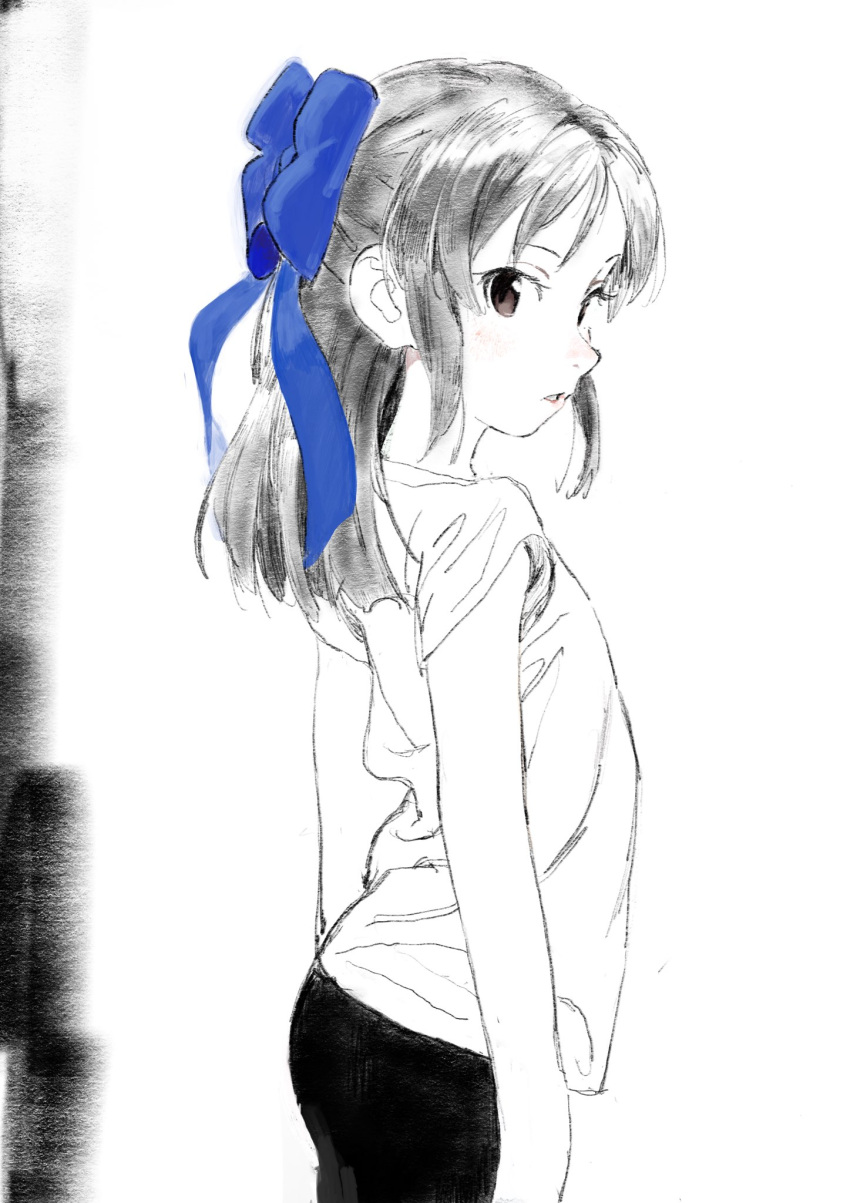 1girl arched_back black_hair blue_bow blush bow brown_eyes cowboy_shot hair_bow half_updo highres idolmaster idolmaster_cinderella_girls long_hair looking_back monochrome noriyuki parted_lips shirt sketch solo spot_color t-shirt tachibana_arisu