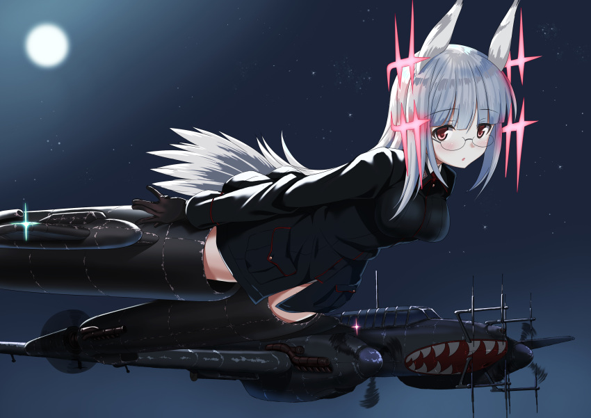 1girl a9b_(louis814) absurdres aircraft airplane bird_tail eyebrows_visible_through_hair flying glasses gloves head_wings heidimarie_w_schnaufer highres hirschgeweih_antennas long_hair long_sleeves looking_at_viewer military military_uniform moon night night_sky red_eyes silver_hair sky solo strike_witches striker_unit uniform vehicle_request world_witches_series