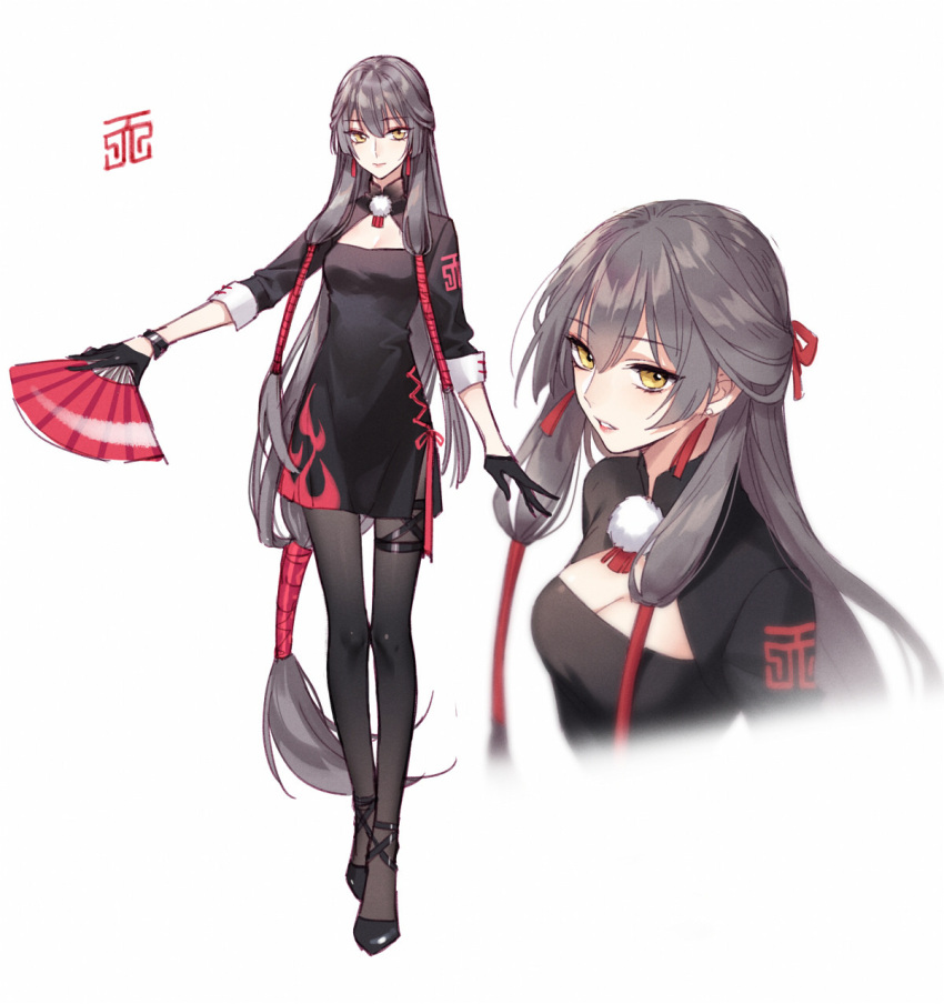 1girl absurdly_long_hair black_dress black_footwear black_gloves black_legwear breasts china_dress chinese_clothes cleavage cleavage_cutout closed_mouth dress earrings eyebrows_visible_through_hair fan folding_fan gloves grey_hair hair_tubes half_gloves high_heels highres holding holding_fan jewelry kangetsu_(fhalei) long_hair looking_at_viewer low-tied_long_hair medium_breasts multiple_views original pantyhose parted_lips short_dress side_slit simple_background smile standing very_long_hair white_background wristband yellow_eyes