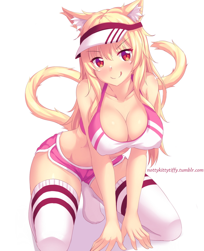 &gt;:) 1girl :q animal_ears artist_self-insert bare_shoulders blonde_hair blush breasts cat_ears cat_tail cleavage collarbone erect_nipples eyebrows_visible_through_hair fast-runner-2024 highres large_breasts long_hair looking_at_viewer no_shoes original red_eyes short_shorts shorts simple_background sleeveless slit_pupils smile solo sportswear tail tank_top thigh-highs tiffy tongue tongue_out visor_cap white_background white_legwear