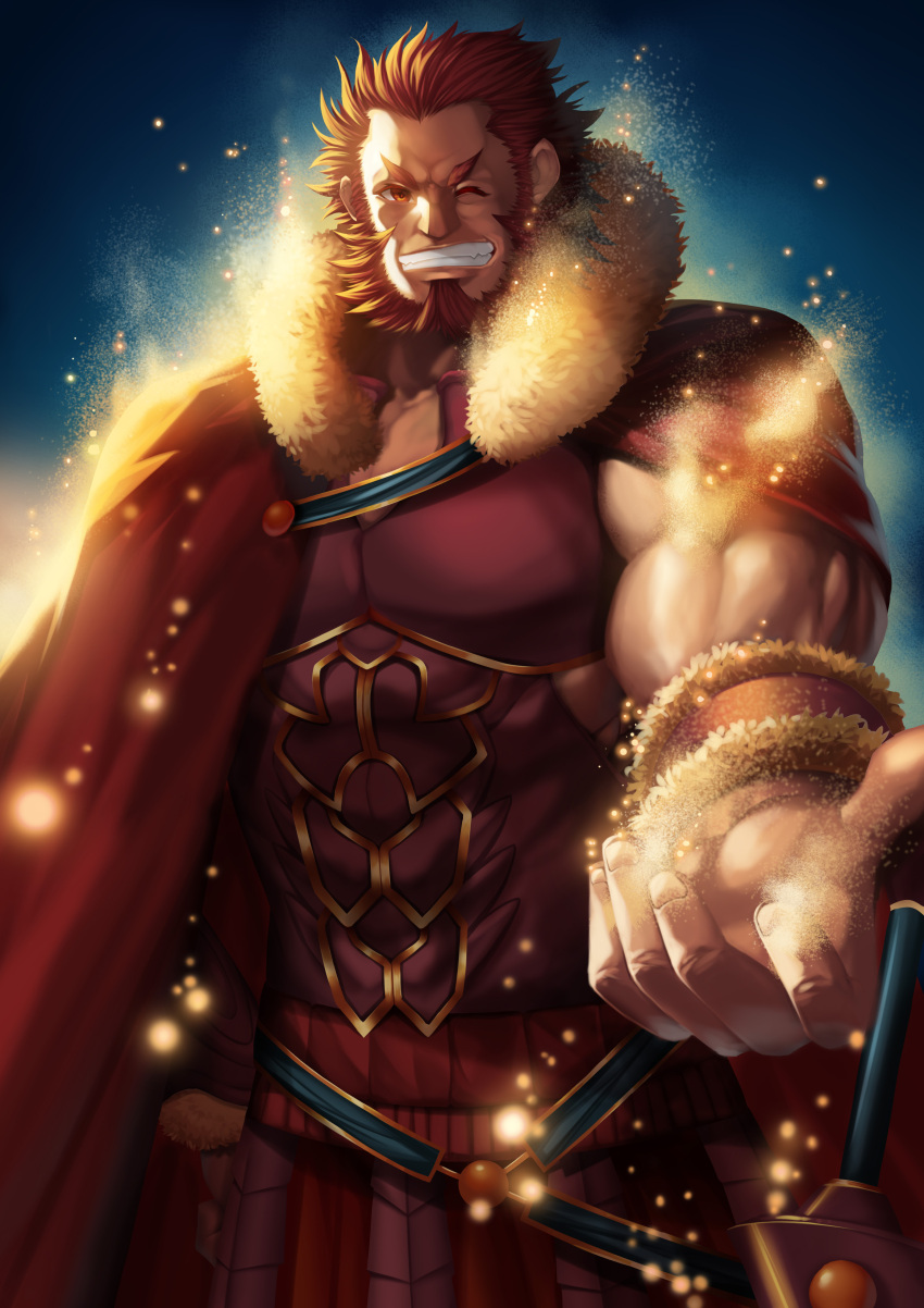 1boy absurdres armor beard cape facial_hair fate/grand_order fate/zero fate_(series) grin highres looking_at_viewer male_focus muscle nekosama_shugyouchuu one_eye_closed outstretched_hand pixiv_fate/grand_order_contest_1 redhead rider_(fate/zero) smile solo sword weapon wristband