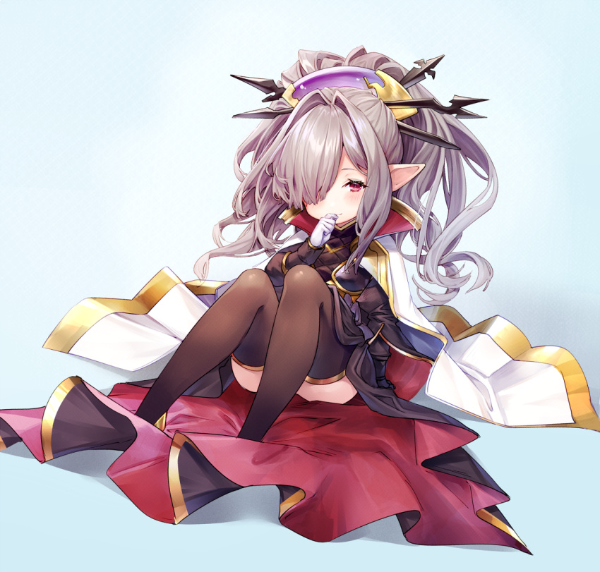 1girl bangs black_dress black_legwear blue_background blush brown_hair cape closed_mouth commentary_request dress gloves granblue_fantasy hair_ornament hair_over_one_eye hair_stick harvin hat high_ponytail long_hair long_sleeves looking_at_viewer nio_(granblue_fantasy) pointy_ears ponytail purple_hat red_eyes sitting smile solo thigh-highs very_long_hair white_cape white_gloves yuya_(night_lily)