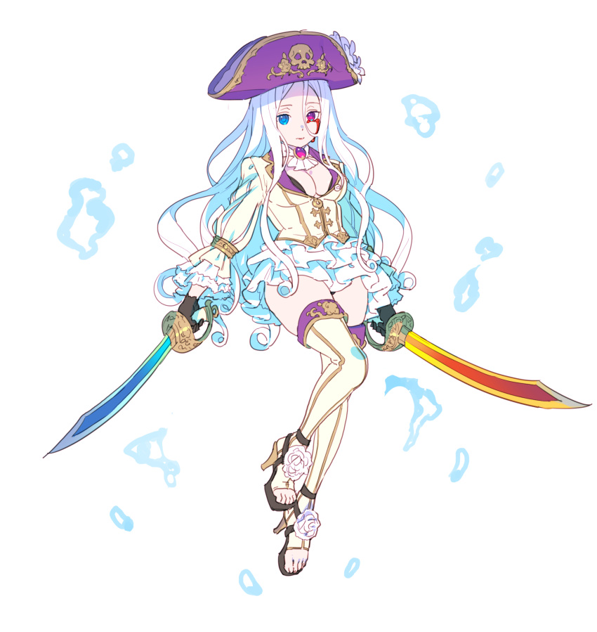 1girl armband ascot black_gloves bleeding blood blue_eyes breasts cleavage closed_mouth curly_hair dual_wielding flower full_body gem gloves hair_between_eyes hat heterochromia high_heels highres holding holding_sword holding_weapon jacket large_breasts long_hair long_sleeves looking_at_viewer nagisa_kurousagi original pink_eyes purple_hat rose scimitar shoe_flower simple_background skirt solo sword thigh-highs toeless_legwear tricorne weapon white_flower white_hair white_jacket white_legwear white_neckwear white_rose wings