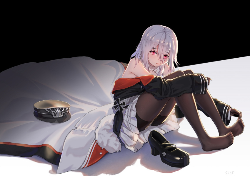 1girl 5555_96 azur_lane bangs bare_shoulders black_gloves black_legwear breasts cape cape_removed closed_mouth eyebrows_visible_through_hair frown fur-trimmed_cape fur_trim gloves graf_zeppelin_(azur_lane) hair_between_eyes hat hat_removed headwear_removed high_heels highres iron_cross leg_hug long_hair looking_at_viewer military military_uniform off_shoulder pantyhose peaked_cap pleated_skirt red_eyes shoes_removed sidelocks signature silver_hair sitting skirt solo thighband_pantyhose uniform younger