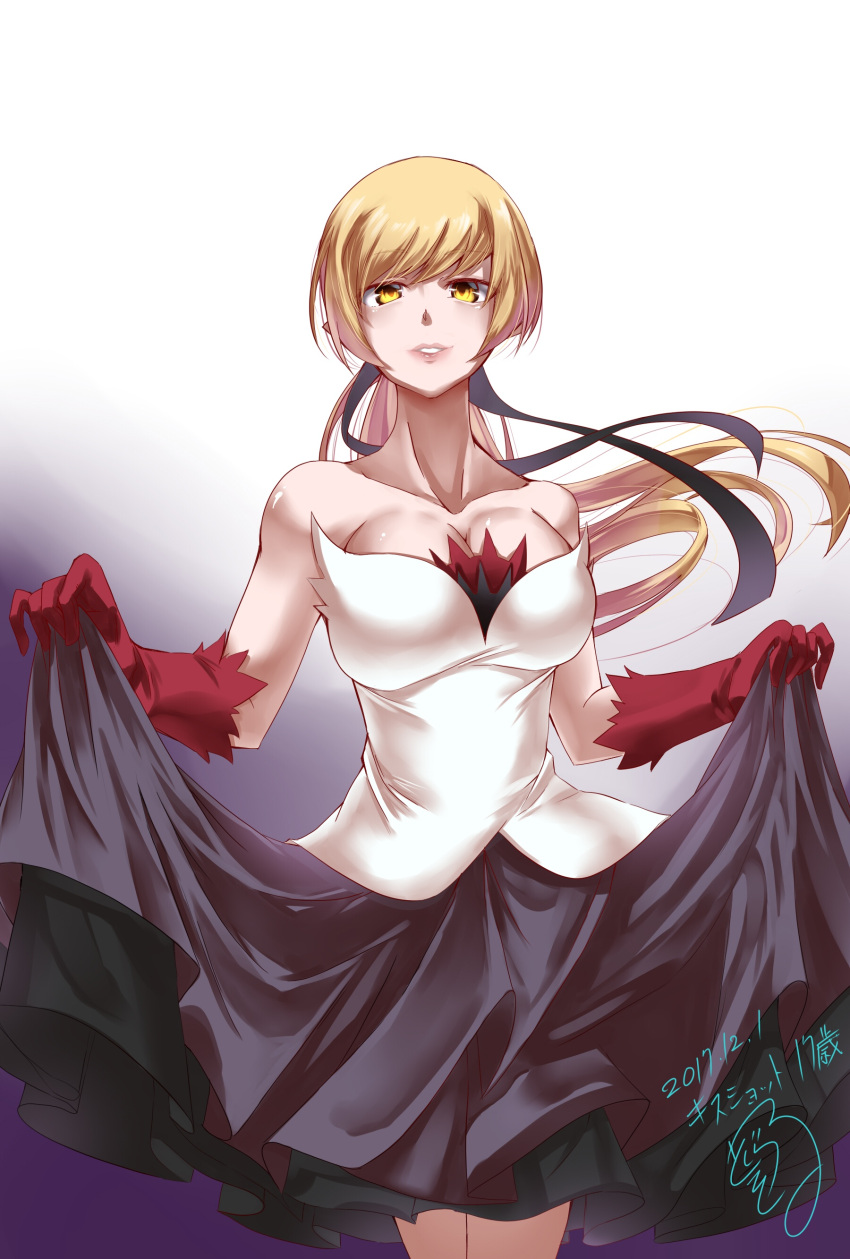 1girl absurdres black_ribbon blonde_hair breasts cleavage collarbone commentary_request dated dorashieru dress dress_lift gloves hair_ribbon highres kiss-shot_acerola-orion_heart-under-blade kizumonogatari large_breasts long_hair looking_at_viewer monogatari_(series) oshino_shinobu pointy_ears ponytail red_gloves ribbon signature solo strapless strapless_dress yellow_eyes