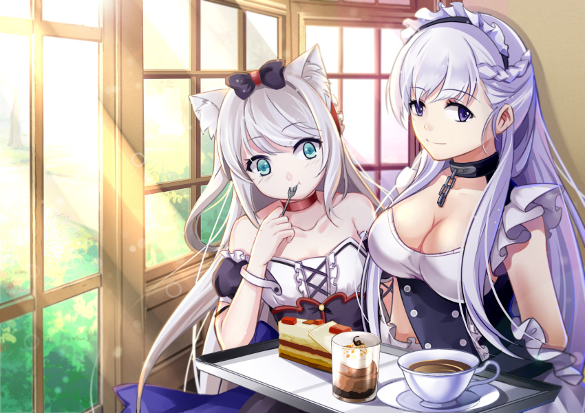 2girls :t absurdres azur_lane bangs bare_shoulders belfast_(azur_lane) blue_dress blue_eyes blush breasts broken broken_chain chains choker cleavage closed_mouth coffee collarbone commentary_request cup day detached_sleeves dress eating eyebrows_visible_through_hair fork fork_in_mouth hammann_(azur_lane) highres holding holding_fork holding_tray indoors long_hair maid maid_headdress medium_breasts multiple_girls muu_rin puffy_short_sleeves puffy_sleeves purple_hair red_choker remodel_(azur_lane) saucer short_sleeves silver_hair sleeveless sleeveless_dress smile sunlight teacup tray tree very_long_hair violet_eyes window