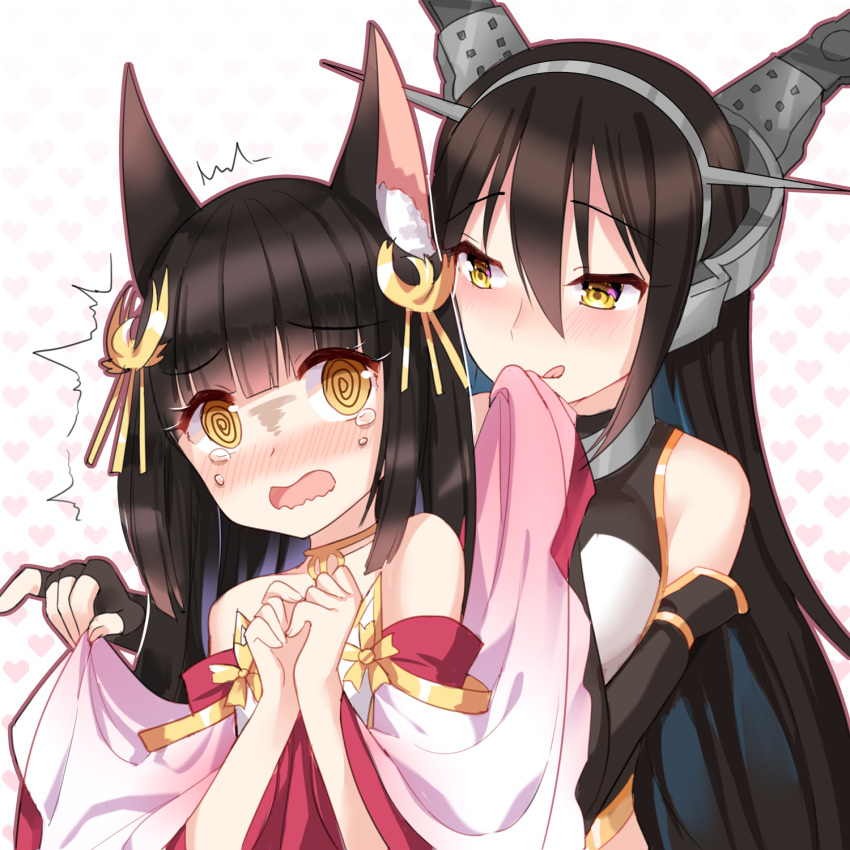 2girls @_@ animal_ears azur_lane bangs bare_shoulders black_gloves black_hair blush commentary_request crossover crying crying_with_eyes_open elbow_gloves eyebrows_visible_through_hair female_pervert gloves hair_between_eyes hair_ornament head_tilt headgear heart heart_background highres kantai_collection licking_lips long_hair long_sleeves multiple_girls nagato_(azur_lane) nagato_(kantai_collection) namesake nose_blush open_mouth pervert silver15 sleeveless tears tongue tongue_out very_long_hair wavy_mouth white_background wide_sleeves yellow_eyes yuri
