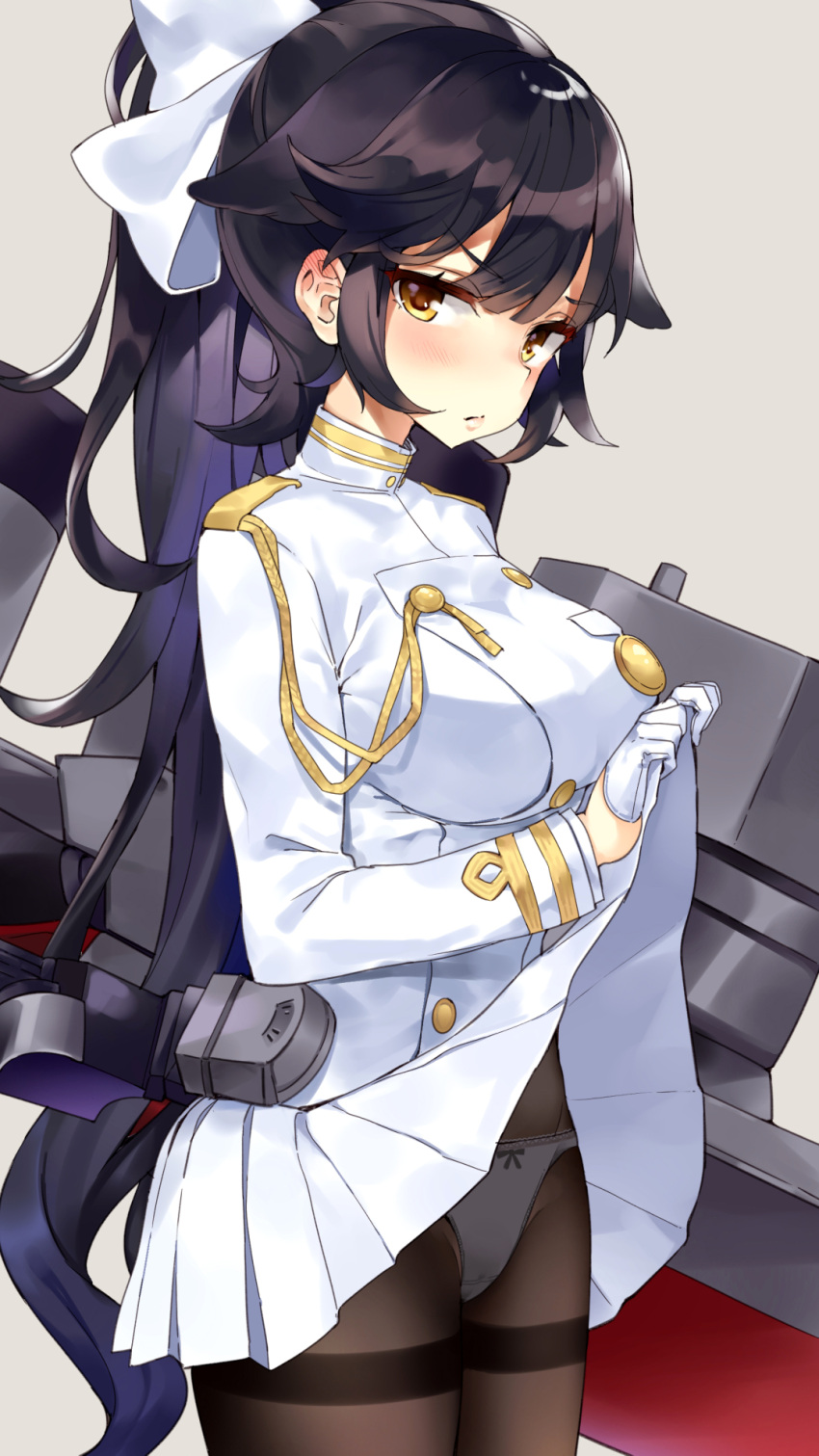 1girl azur_lane black_hair blush breasts closed_mouth eyebrows_visible_through_hair from_side gloves grey_background hair_flaps half_gloves highres large_breasts long_hair looking_at_viewer military military_uniform mirei panties panties_under_pantyhose pantyhose ponytail rigging simple_background skirt skirt_lift solo takao_(azur_lane) thighband_pantyhose underwear uniform very_long_hair white_gloves white_panties yellow_eyes