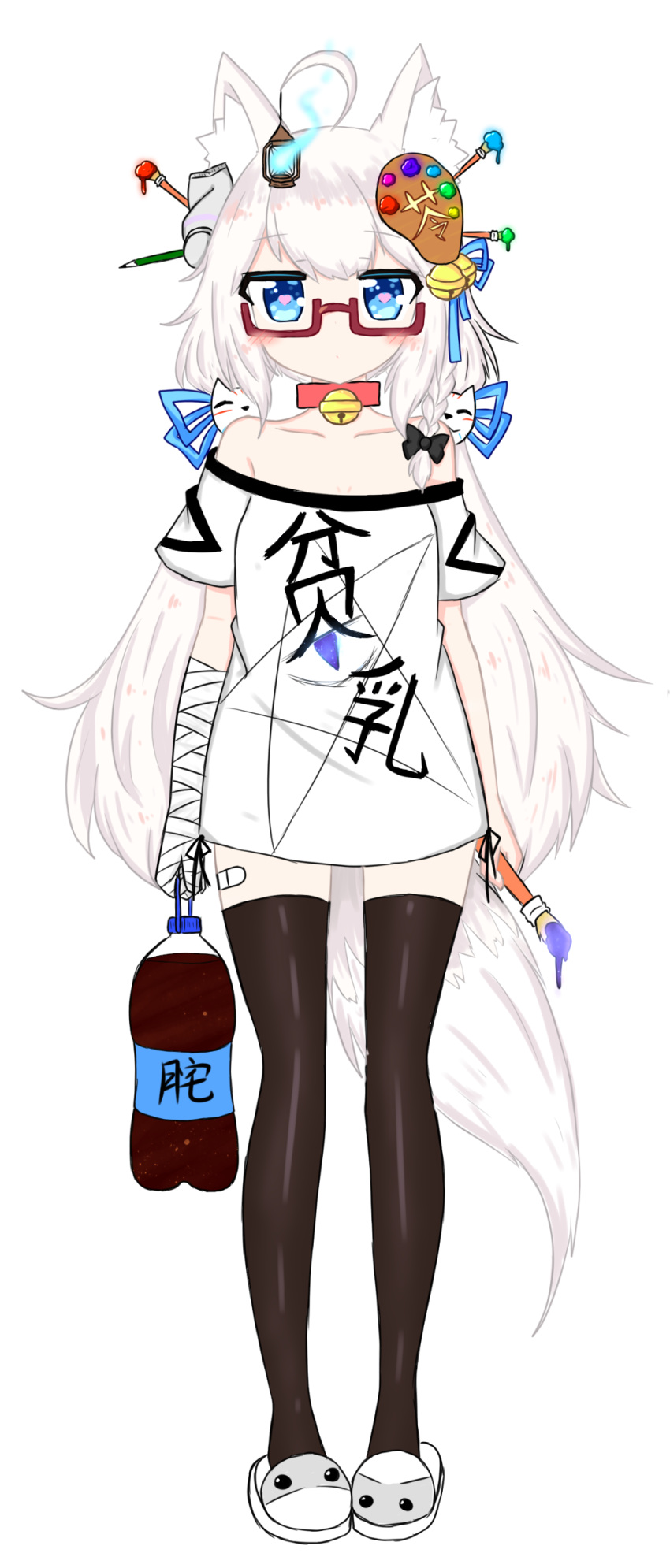 1girl absurdres ahoge animal_ears bailingxiao_jiu bandage bandaged_arm bare_shoulders bell bell_collar black_bow black_legwear blue_eyes blue_ribbon blush bow braid canvas_(object) cat_mask chinese closed_mouth collar collarbone commentary_request full_body glowing hair_bow hair_ornament hair_ribbon heart heart-shaped_pupils highres holding holding_paintbrush jingle_bell lantern long_hair looking_at_viewer low_twintails off-shoulder_shirt original paint_tube paintbrush pencil red-framed_eyewear red_collar ribbon semi-rimless_eyewear shirt side_braid simple_background slippers soda_bottle solo standing symbol-shaped_pupils tail thigh-highs translation_request twintails under-rim_eyewear very_long_hair white_background white_footwear white_hair white_shirt wolf_ears wolf_girl wolf_tail