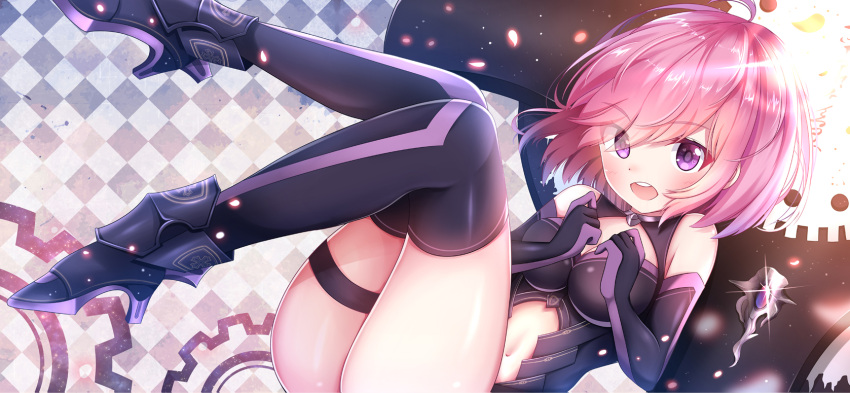 1girl ahoge argyle argyle_background ass bangs bare_shoulders black_footwear black_gloves black_legwear black_leotard blush boots breasts cleavage commentary_request elbow_gloves eyebrows_visible_through_hair eyes_visible_through_hair fate/grand_order fate_(series) gloves hair_between_eyes high_heel_boots high_heels highres large_breasts leotard lokyin_house looking_at_viewer mash_kyrielight navel navel_cutout open_mouth pink_hair round_teeth short_hair solo teeth thigh-highs thighs upper_teeth violet_eyes