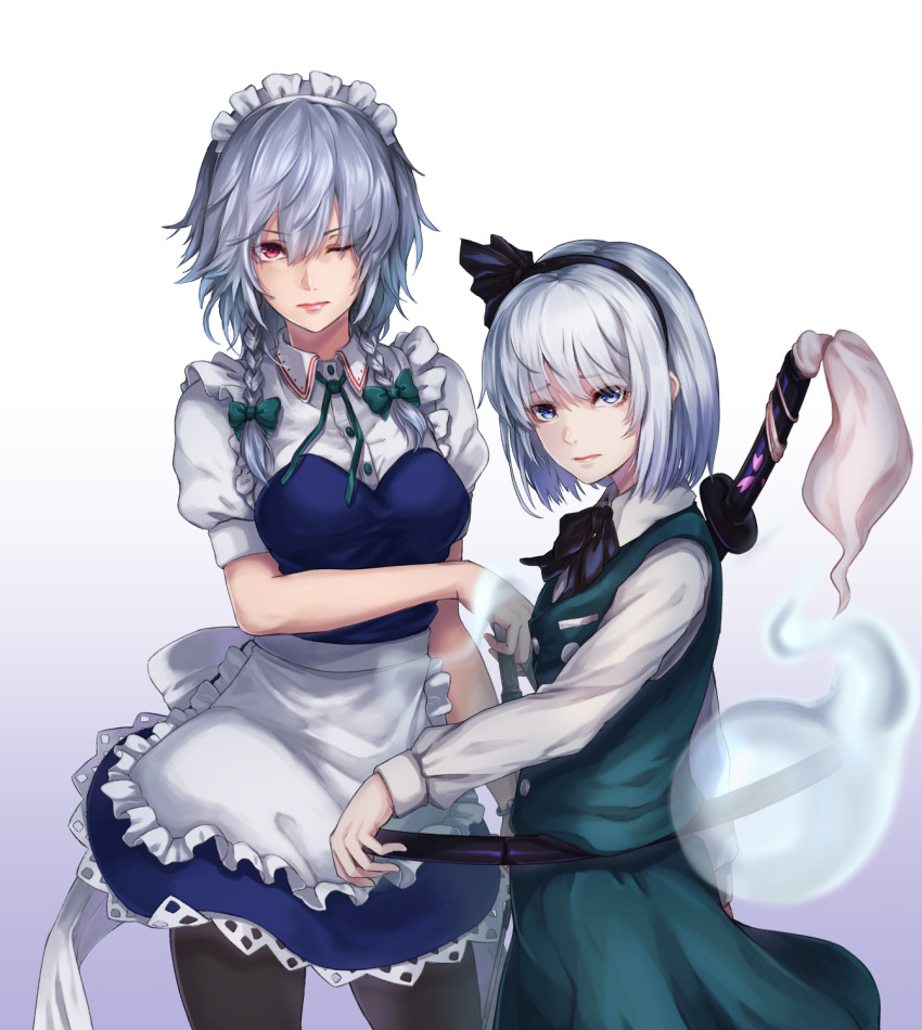 2girls bangs blue_eyes bob_cut braid gradient gradient_background hair_between_eyes hairband hand_on_weapon highres izayoi_sakuya knife konpaku_youmu konpaku_youmu_(ghost) looking_at_viewer maid_headdress multiple_girls one_eye_closed re_(re_09) red_eyes short_hair silver_hair sword touhou twin_braids weapon