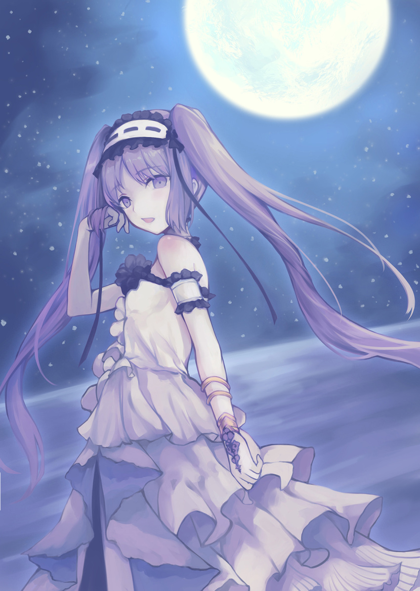 1girl bare_shoulders bk201 black_ribbon choker commentary dress fate/grand_order fate/hollow_ataraxia fate_(series) frills full_moon hairband hand_in_hair highres jewelry lolita_hairband long_hair looking_at_viewer moon night night_sky open_mouth purple_hair ribbon sky star_(sky) stheno twintails very_long_hair white_dress